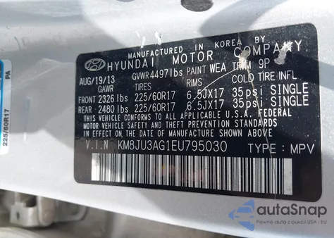 2014 Hyundai Tucson Se from USA, damaged, VIN KM8JU3AG1EU795030